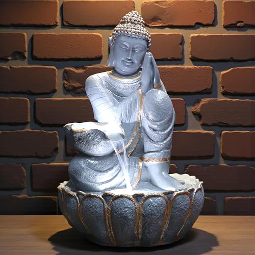 Image of 3 Feet Namaste Buddha Water Fountain for Home & Garden|Fiber Buddha Fountain with LED Light|Indoor Outdoor Fountain for Vastu & Positivity (Unique Grey, 3 Feet Namaste Buddha Fountain)