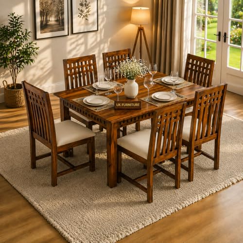 Image of UK FURNITURE Solid Sheesham Wood Dining Table Set with 6 Chairs | Wooden Dinner Table Set for Dinning Room Home & Hotel| Modern Dining Room Set | DIY (Honey 6s, 6 Seater)