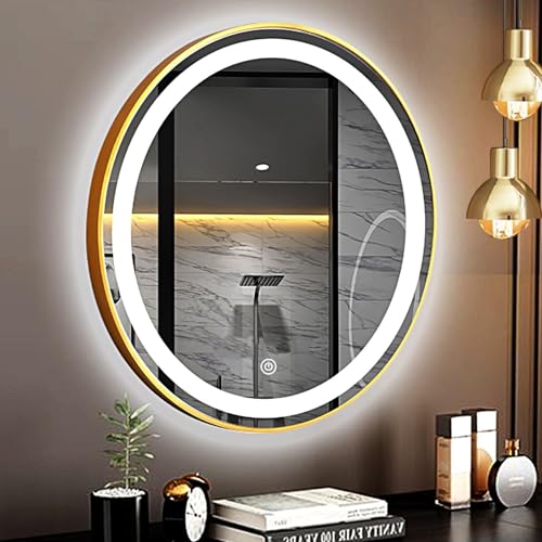 Espejo de baño redondo LED dorado, espejo de tocador iluminado para montaje en pared con función de memoria, 3 opciones de color, 50 cm, diseño moderno y elegante para decoración del hogar