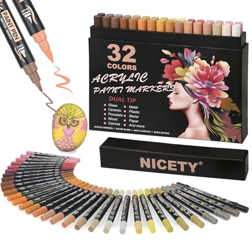 NICETY 32 Stück Acrylstifte für Steine Wasserfest - Dual Tip Acrylmarker...