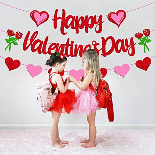 Image of FestikoHappy Valentine's Day Banner Romanic Red Heart Garland for Women Girls Valentine's Day Themed Anniversary Wedding Engagement Bridal Shower Party Supplies Glitter Decorations