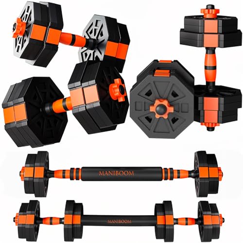 ManiBoom Juego de Pesas y Mancuernas 2 en 1 Ajustables - Juego Mancuernas 10kg - 50kg ANTIRUEDO - Juego de Pesas para Casa con Barra Ajustable y Cierres de SEGURIDAD - Kit de Ejercicio