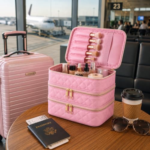 Image of Handcuffs Cosmetic Bag for Women 3-Layer Zipper Makeup Organizer with Carry Handle for Travel & Home | Multipurpose Vanity Box for Toiletries Make Up Accessories Brushes & Cosmetics (Pink)