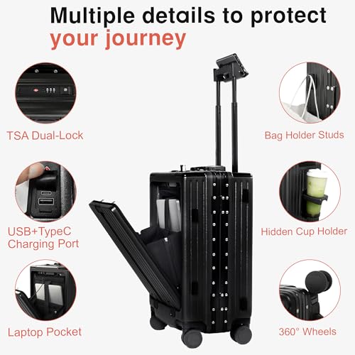 Carry On Luggage 20 Inch, Aluminum Frame Zipperless Luggage, ABS+PC Hard Shell Suitcases, Carry On with Compartment for Short Trips, Suitcase Carry-on TSA Approved (Black)4