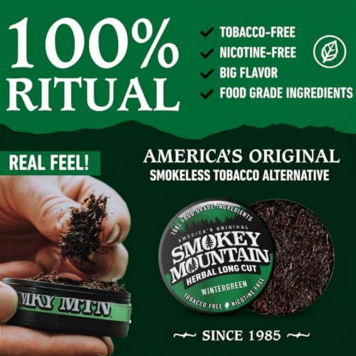 Image of Smokey Mountain Herbal Long Cut - Wintergreen - 10 Can Box - Tobacco Free and Nicotine Free Snuff