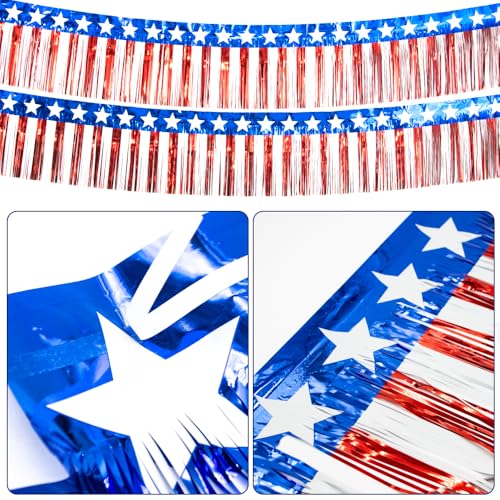 Image of 4 Packs 10 Feet Long Foil Fringe 4th of July Star Garland Memorial Day USA Red White Blue Independence Day Tinsel Metallic Streamers Patriotic Banner Car Parade Floats Garden Trailer Decor