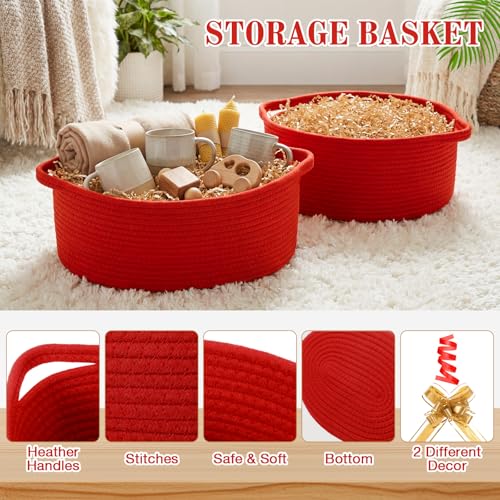 Image of Colingmill Woven Basket with Gift Bags and 2 Ribbons, Raffia Grass Paper Shred Filler, Gift Card, Empty Small Rope Basket for Storage Presents Toy Organizer(Red,12 * 8 Inch)