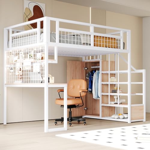 Merax Hochbett 140 x 200 cm aus Metall, mit Schrank und Schreibtisch, multifunktionales Kinderbett mit Aufbewahrungsleiter, Weiß (ohne Matratze)