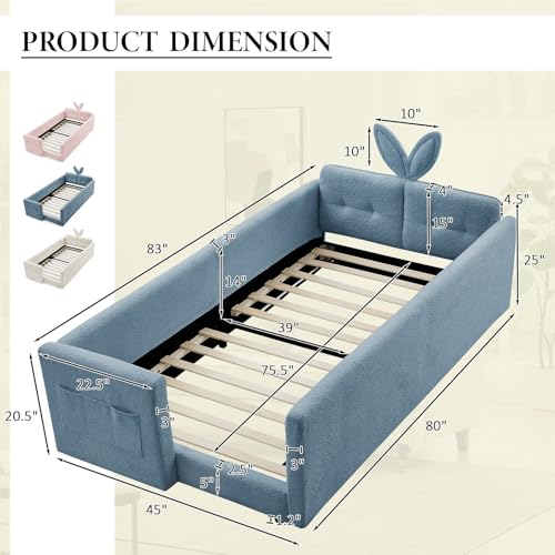 Image of Twin Size Bed Frame for Kids, Upholstered Daybed Frame Floor Bed with Safety Rails and Storage Pocket Cute Rabbit Ear Shaped Headboard for Kids Teens Boys Girls, Blue