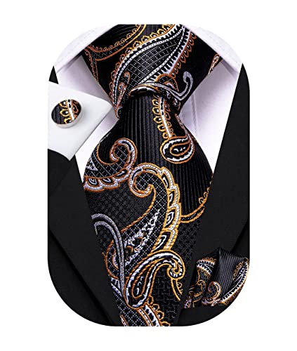 Image of Hi-Tie Paisley Floral Ties Set for Men Silk Mens Stripes Necktie Pocket Square Cufflinks Set Formal Business