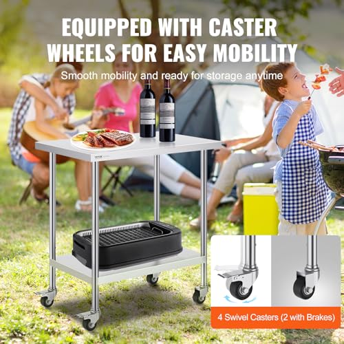 Image of VEVOR Stainless Steel Table 24 x 36 x 38 Inch, with 4 Wheels, 3 Adjustable Height Levels, Heavy Duty Food Prep Work Table for Commercial Kitchen Restaurant, Silver