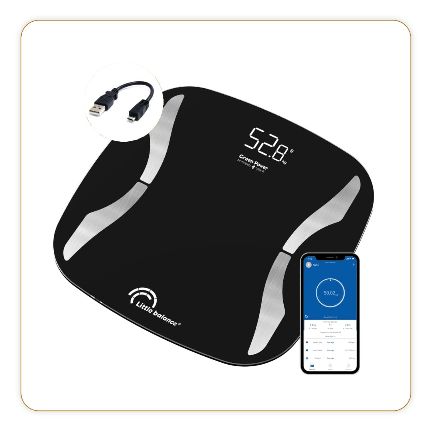 LITTLE BALANCE 8651 Soft 4 USB-R, Impédancemètre connecté sans pile, Rechargeable USB, Réparable, 180 kg, Noir
