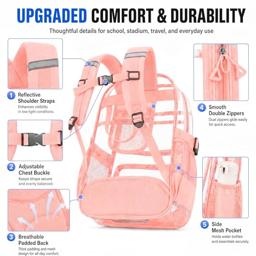 Lullawee Clear Backpack for School, Heavy Duty PVC Transparent Bookbag with Laptop Compartment for Girl Boy, Large Capacity See Through Clear Bag for Stadium Events College Security Travel, Pink — view 3