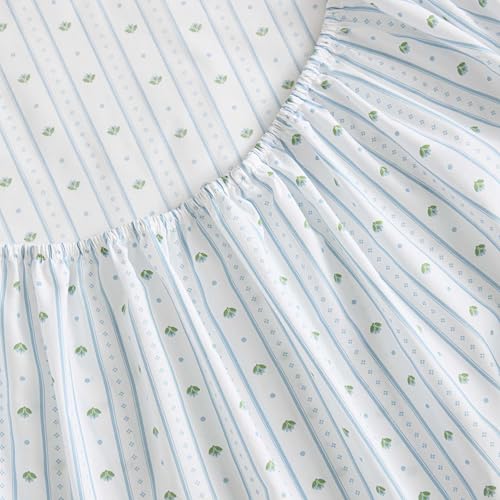 Image of Martha Stewart - Queen Size Sheet Set, Crisp & Tailored Sheets with a Smooth Cotton Percale Feel - Floral Bed Sheets with Matching Pillowcases & Fitted Sheet (Floral Stripe Blue)