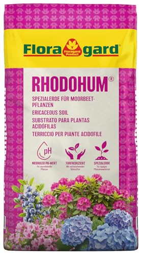 Floragard Rhodohum Rhododendronerde 60 L – pH-saure Moorbeeterde mit guter Wasserspeicherung – ideal zum Pflanzen von Rhododendren, Azaleen, Blaubeeren & Anderen Moorbeetpflanzen im Garten