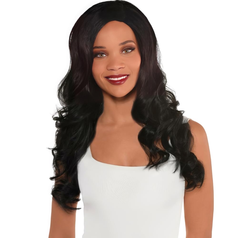 amscanSynthetic Hair Party Perfect Team Spirit Glam Long Wig Accessory, Black, 25"