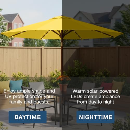 Image of 9' Solar LED Patio Umbrella with Tilt & Crank|8 Sturdy Ribs,UV Protection,Outdoor Market Table Umbrella for Deck,Lawn,Pool,Backyard(Yellow)