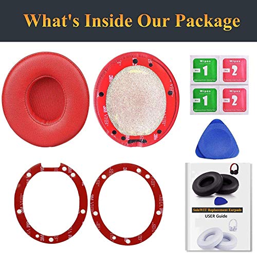 SoloWIT Earpads Cushions Replacement for Beats Solo 2 & Solo 3 Wireless On-Ear Headphones, Ear Pads with Soft Protein Leather, Added Thickness - (Red)