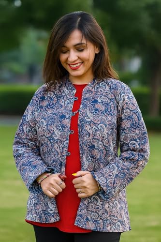 Chic Blue Printed Cotton Coat: Lightweight Quilted Short Sleeve Jacket for Women, 3X-Large by Royal India Handicraft - Image 6