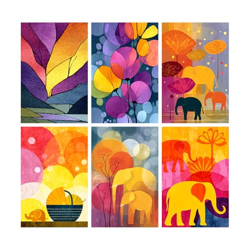 Image of SiddArtify Modern Abstract Wall Art Prints Set - Colorful Elephant Poster Decor for Living Room Bedroom Office - 8x12 Sticker Pack of 6