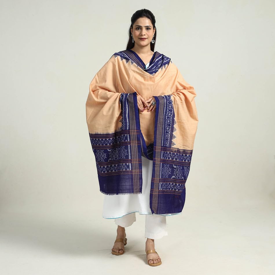 Image of Cotton Dupatta with weaving and Ikat woven border from the Weavers Stole for Girls & Women