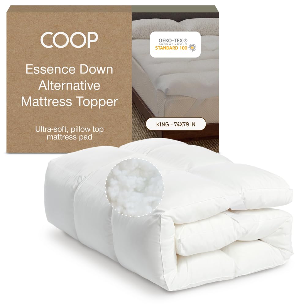 Coop Home Goods Essence Down Alternative Mattress Topper King Plush 2-Inch Gusset and Baffle Box Design for Even