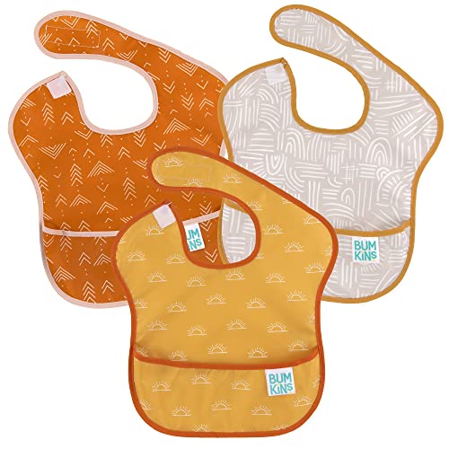 Image of Bumkins Bibs for Girl or Boy, SuperBib Baby and Toddler for 6-24 Months, Essential Must Have for Eating, Feeding, Baby Led Weaning Supplies, Mess Saving Catch Food, Waterproof Fabric 3-pk Desert Boho