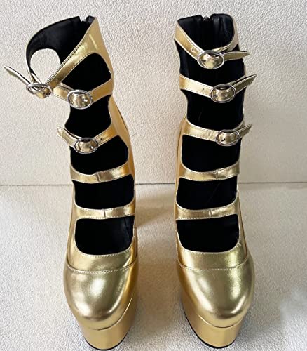 Frankie Hsu Gold Lolita Women's Big Large Size Performer Cosplay Club Dancing Buckle Strap Plain Platform Chunky Block High Ankle Heeled Sandal Boots Bootie Shoes3