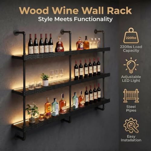 Image of HOUSESET 36 /48 /60 /72 /84in Wine Wall Rack with Led Lights, 3-Tiers Modern Pipe Liquor Bottle Display Shelf, Bar Shelves Wall Mounted for Commercial Bar, Restaurant, Home