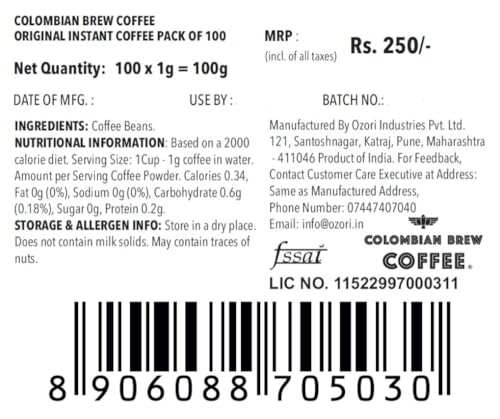 Image of Colombian Brew Coffee Original Instant Coffee Powder- Pack of 100 Sachets- No Sugar, Vegan, Keto-Friendly- Hot & Cold Coffee, Easy Mix, Zero Sugar, Instant Beverage