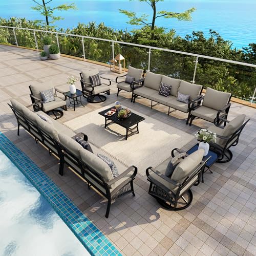 Image of 12 Pieces Patio Conversation Sets, All-Weather Metal Swivel Rocking Chairs with Rope Furniture Set, Outdoor Sofa Couch for Deck, Porch, Garden, Backyard, Poolside (Beige Cushions)