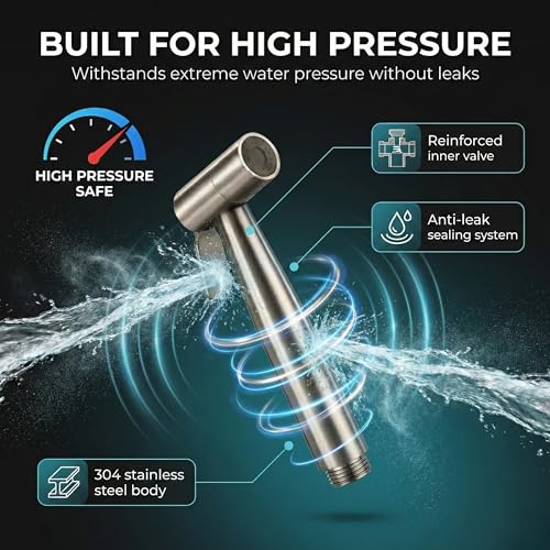 Image of Health Faucet Stainless Steel Jet Spray Gun for Toilet | Silver & Copper Ion Shield Kills 99% Germs | Leak-Proof Bathroom with 1.5 mtr Hose 1 Year Warranty (Jet Spay with Pipe)