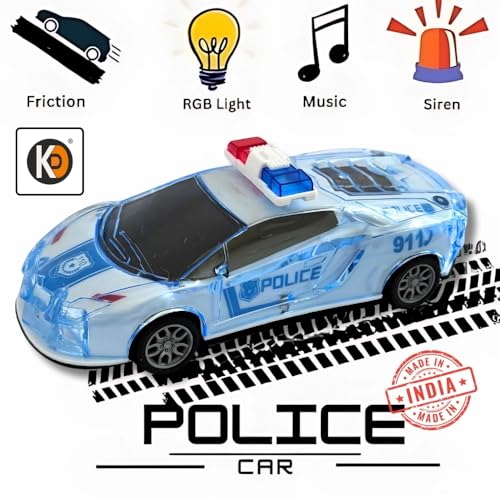 Image of K D Friction Powered Police Car with Lights Music Super Speed Colorful Dazzling Lights and Sound Siren Pullback Cop Vehicle Toy for Kids Best Birthday Gift for Above 3+ Years Boys Girls (Blue)