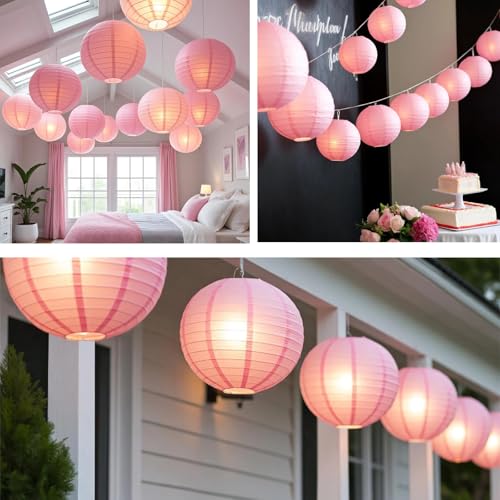Image of Pink Chinese Paper Lanterns with LED Lights, 10-Pack 10inch | Hanging Lights for Wedding & Bridal Shower, Birthday Party Decorations, Ceiling Decor, Home Party, Baby Shower