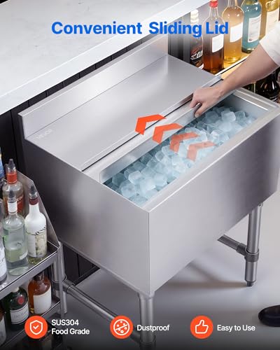 Image of VEVOR Commercial Ice Bin,19 Inch Stainless Steel Ice Chest with Sliding Lid and Bottle Holders, Cooler Cart Cocktail Unit for Bar Restaurant Pub, NSF Certified