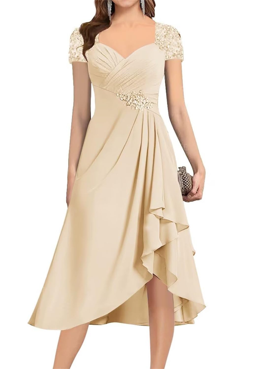 Yiann Women's Champagne Tea Length Mother For The Bride Dresses For With Sleeves Wedding Guest Dress Formal Gown Uk18