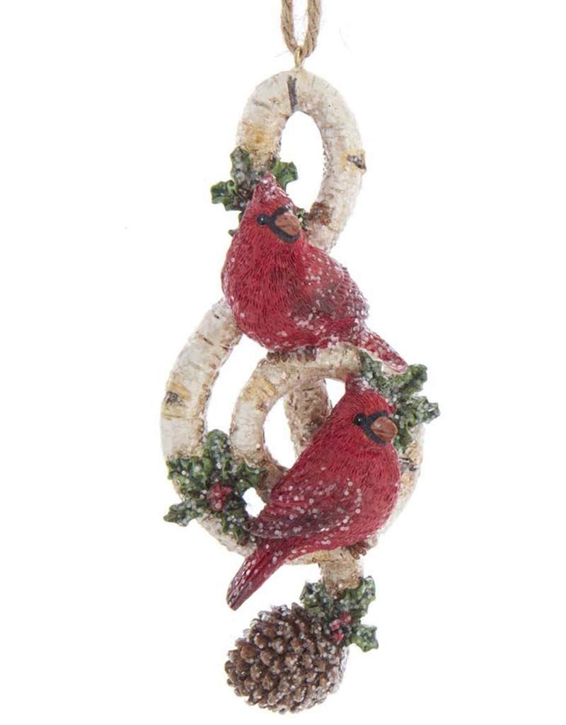 Kurt Adler Red Cardinal Bird On Birch Branch Music Note Ornament - Treble Clef Note