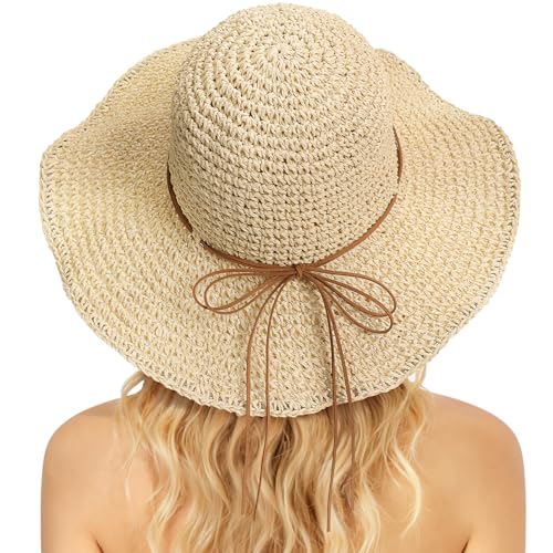 Image of Beach Sun Straw Hats for Women, Floppy Wide Brim Summer Straw Hats, Foldable Packable Roll up Cap
