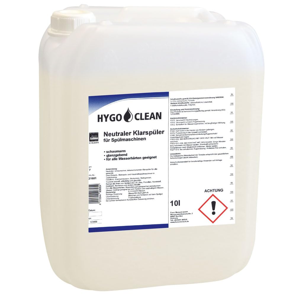 1 Stück Hygoclean Neutraler Klarspüler für Spülmaschinen, V: 10l, transparent, Klarspüler für Spülmaschinen, Geschirrspüler