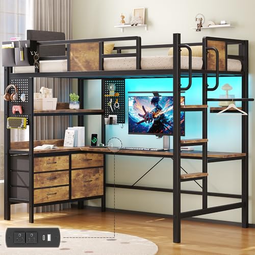 Loft Bed with Desk,Twin Loft bed with Desk & LED Lights and Charging Station,Bunk Bed with Desk & 5 Large Drawer Cabinets and 2 open Shelves,Loft Bed Twin Size with Safety Guard Ladder,Vintage Brown