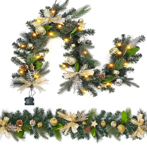 GarveeHome 6 FT Pre-lit Christmas Garland, Indoor Outdoor Artificial Xmas Garland with 20 LED Lights, Gold Christmas Decorations with Ribbon, Ball Ornaments, Pine Cones and Stars for Mantle, Stairs