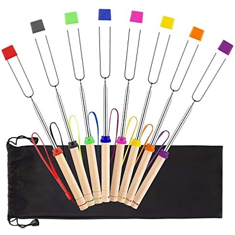 Marshmallow Roasting Sticks 8 pcs Hanging Telescoping Smores Skewers 32 Inch BBQ Forks Campfire Tools Cover