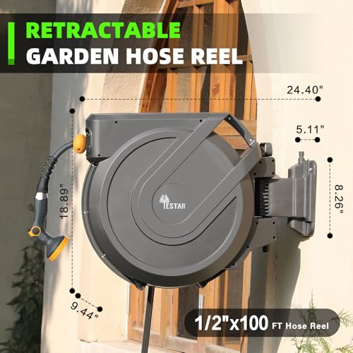 Image of Retractable Garden Hose Reel 1 /2 in x100 ft, Heavy Duty Wall Mounted Hose Reel with 10- Function Sprayer Nozzle, Any Length Lock /Automatic Slow Return System,180 Swivel Bracket