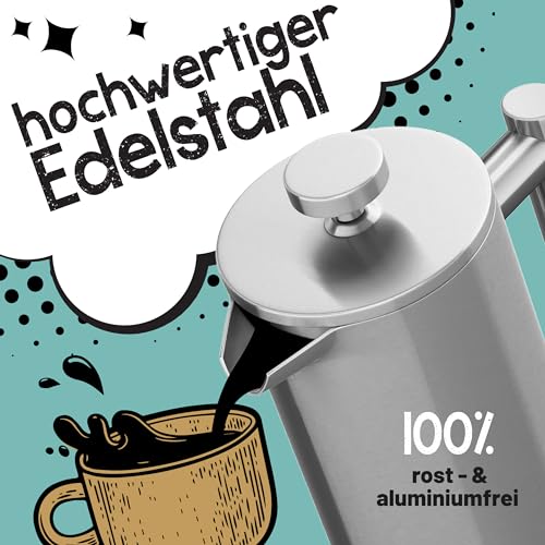 Morgenheld Premium French Press Edelstahl 1000 ml + 3 Ersatzfilter Stempelkanne isoliert Kaffeepresse 1l thermo Isolierkanne Kaffeebereiter doppelwandig Kaffeekanne 1000ml Kaffeedrücker Frenchpress 3