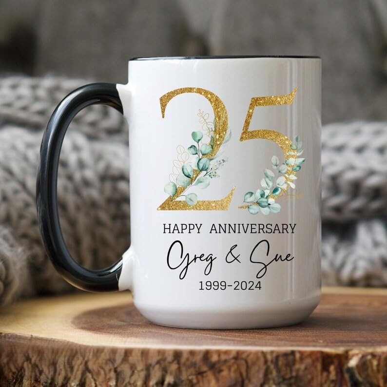 Personalized 25th Anniversary Coffee Mug, Silver Wedding Anniversary Valentine Gift for Couple, Custom Names Date Mug, Happy Anniversary Cup for Husband Wife, Romantic Couple Gift