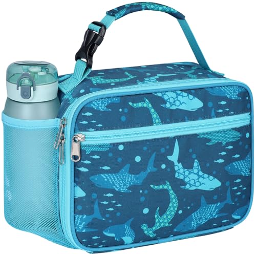 Bagseri Isolierte Kühltasche Kinder - Groß Lunchtasche Kinder mit Flaschenhalter, auslaufsicher Lunchbox Kühltasche Klein für Picknick Schulen, Blauer Hai