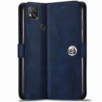 TheGiftKart Mi Redmi 9 / Redmi 9 Activ/Poco C31 Flip Cover Back Case | Genuine Leather Finish | Designer Button | Inbuilt Pockets & Stand | Flip Cover for Redmi 9 / Redmi 9 Activ/Poco C31 (Blue)