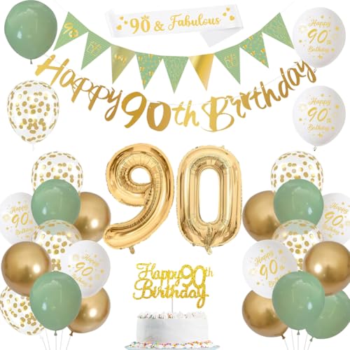 Sage Green Gold White 90th Birthday Banners Balloons Cake Topper Sash Bunting Flags Number Helium Balloons for Men Women Party Decor
