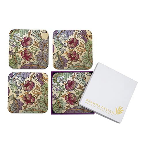 Image of Wooden Coaster Set with Gift Box | Ornate Flowers Design | Set of 4 Tabletop Square Coasters 3.75 inch x 3.75 inch | Kitchen Table Wooden Decorative Items | for Cups, Mugs, Cans, Glasses