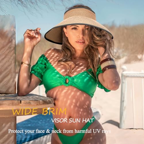 Image of Summer Straw Beach Sun Visor Ponytail Hats for Women Foldable Floppy